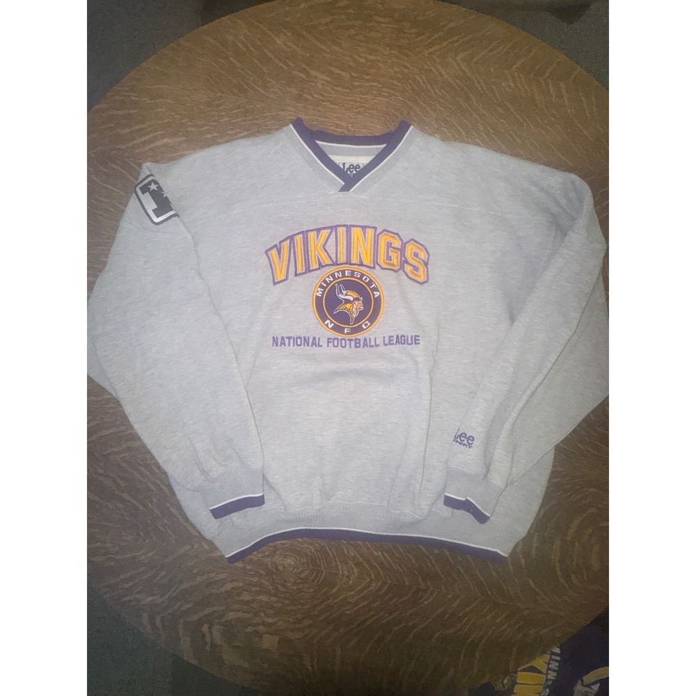 Vtg 90s Lee Sport Minnesota Vikings Embroidered V-Neck Sweatshirt XL Gray NFL